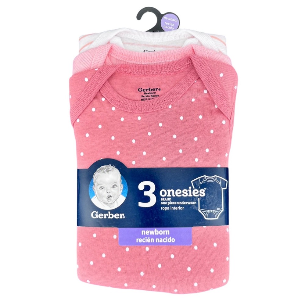 Gerber Onesies Bodysuits Baby Girl Newborn Pink White Polka Dot Stripe Cotton